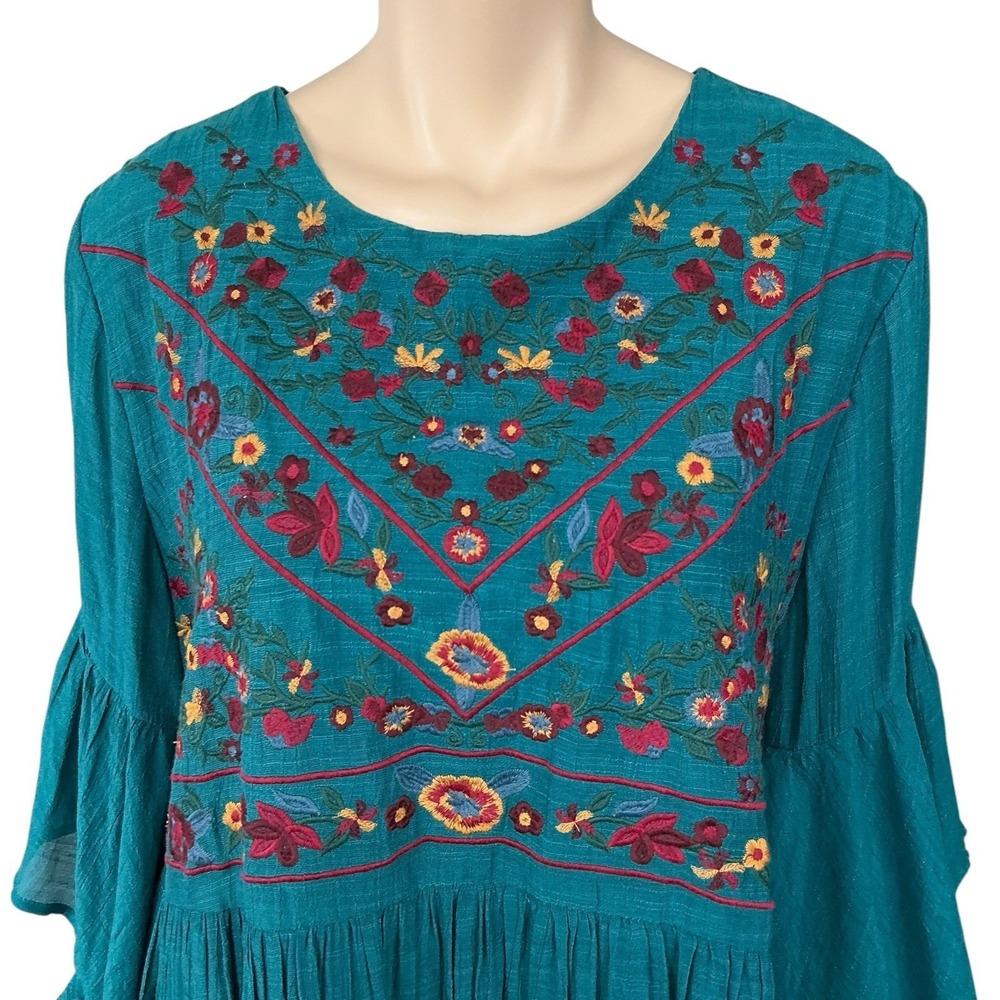 Umgee Tunic Women 1XL Turquoise Green Embroidered Boho Flowy Dress - Picture 2 of 16